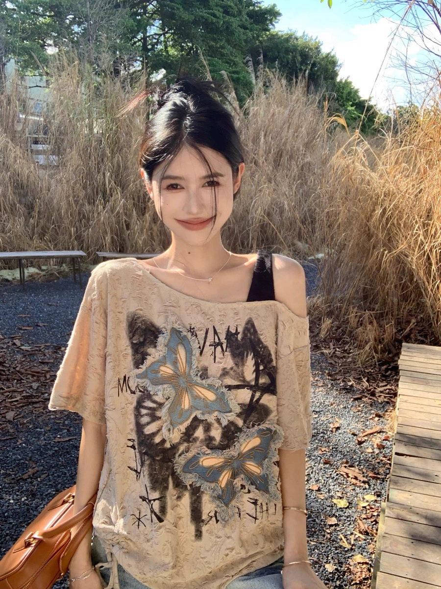 Новая летняя футболка, женский однотонный воротник большого размера, асимметричные подтяжки, свободный топ в ленивом стиле.