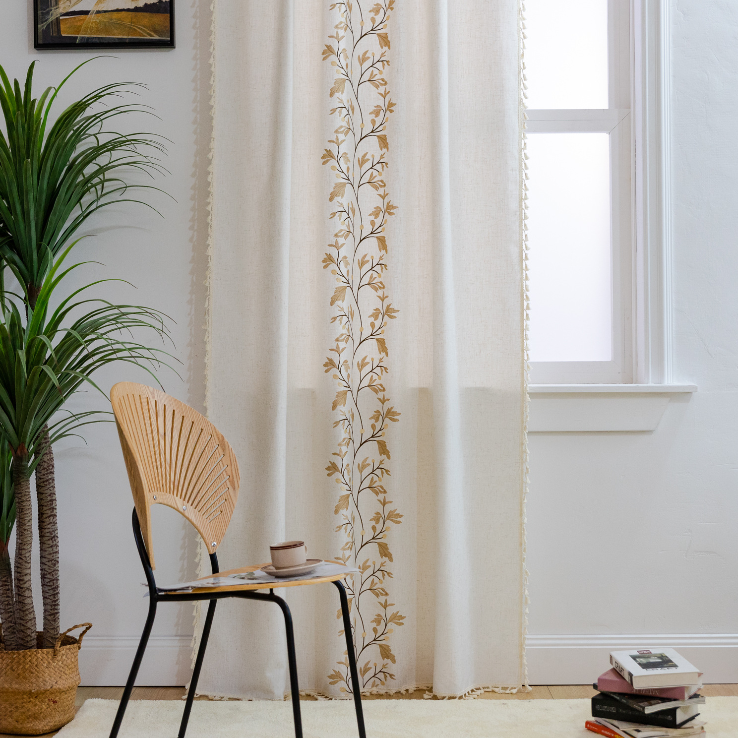 Finished Curtain Cross-border Special for New Cotton and Linen Embroidered American Bedroom Living Room Non-perforated Semi-shading Tassel Curtain