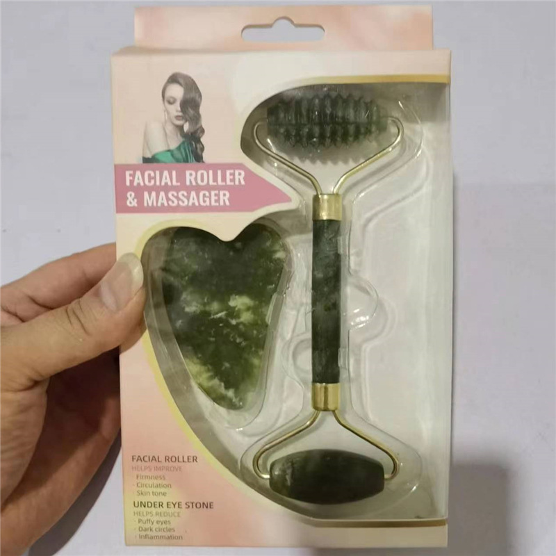 Contenedor de belleza de jade natural, rodillo de jade de doble cabezal, conjunto completo facial, contenedor de belleza de masaje, comercio exterior, jade al por mayor