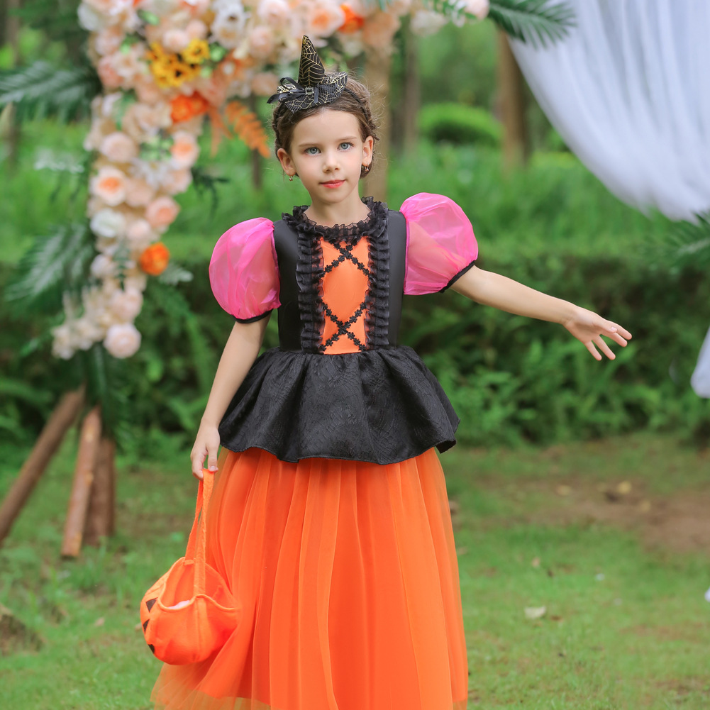Disfraz de calabaza de Halloween para niños vestido de princesa para niñas ropa de rendimiento para niños medianos y grandes vestido esponjoso a juego de colores