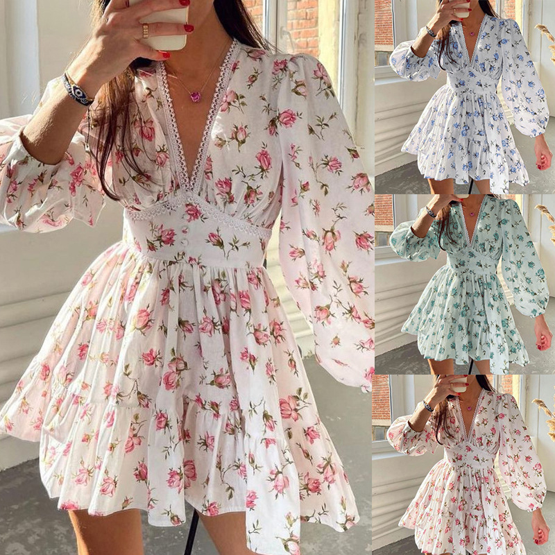 2026 Spring New European and American Women's Clothing Sweet Printed V-Neck Lace Short Long-Sleeved Pleated Dress 2026 Spring New European and American Women's Clothing Sweet Printed V-Neck Lace Short Long-Sleeved Pleated Dress