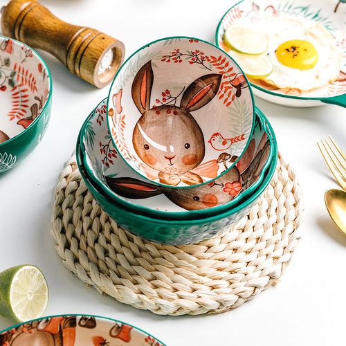 小作日式创意手绘陶瓷网红西餐具 可爱碗碟家用平盘深菜盘子