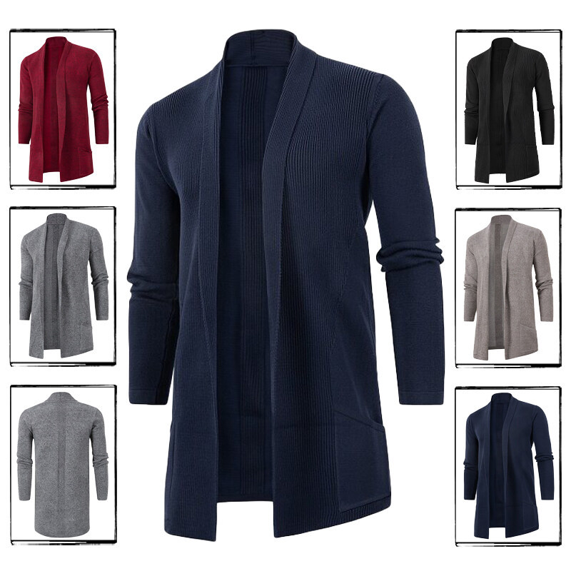 Men's Clothing Men's Casual Long Sleeve Knit Cardigan With Lapel Collar, Slim Fit Mid-Length Open Front Sweater For Stylish Urban Wear_voghion.com