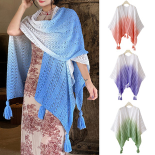 Vintage Ethnic Knitted Hollow Shawl Vacation Tassel Gradient Cardigan High-grade Cloak Outer Lace Blouse