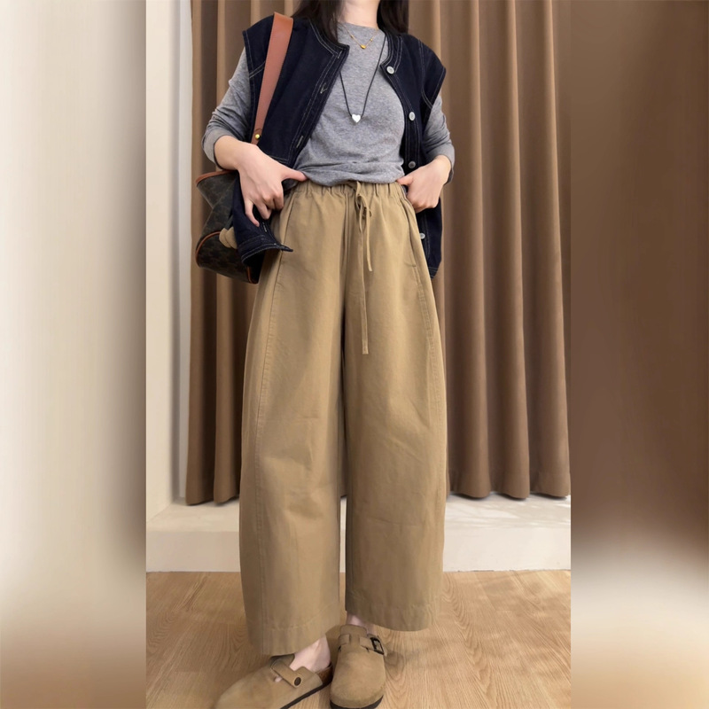 2026 Spring New High-Density Pure Cotton Khaki Balloon Pants Minimalist Versatile Three-Dimensional Cut Nine-Point Wide-Leg Pants for Women