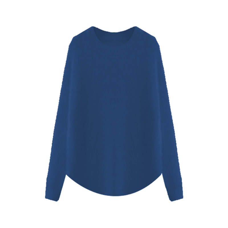 Blue long knitted sweater, round collar, mid-length