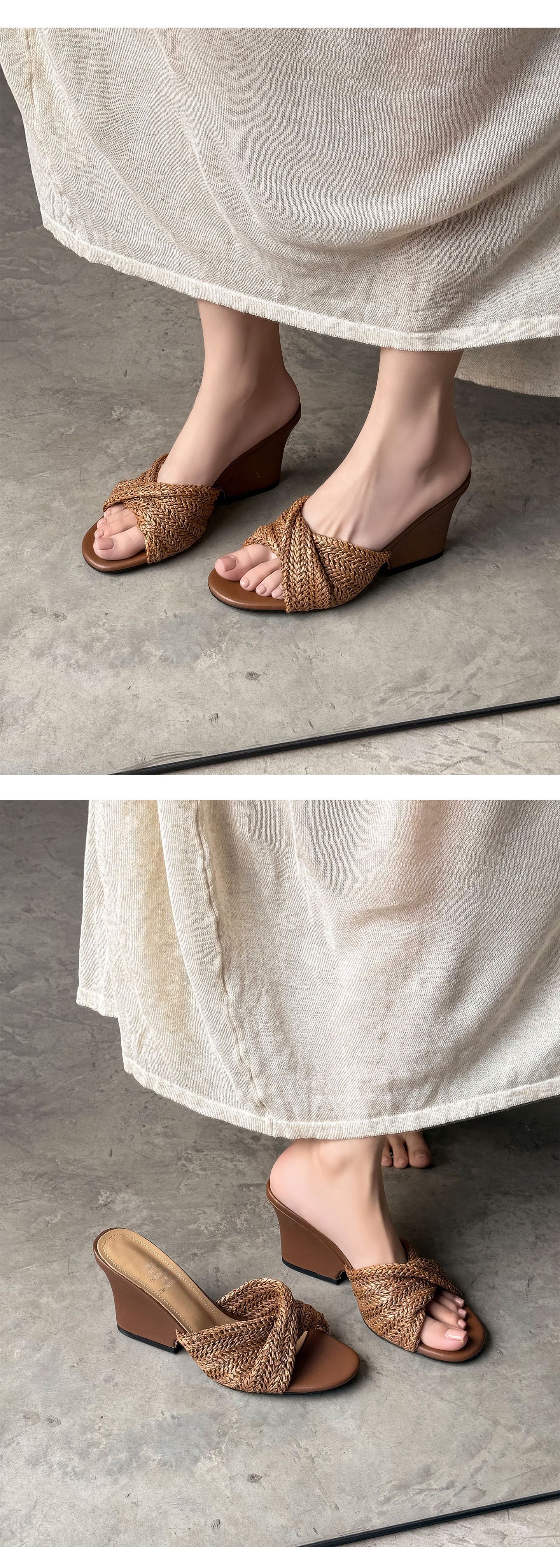 Dép sandal nữ xỏ ngón đế bệt phong cách Pháp, đan rơm, hở mũi, đi biển mùa hè — màu nâu, màu trắng ngà, xanh lá cây chi tiết 13