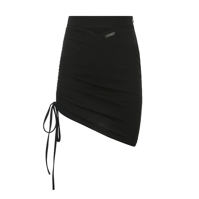 black high-waist drawstring package hip skirt  NSSSN119651