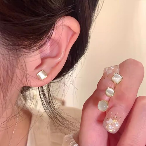 Silver needle ear piercing cat's eye stone earrings six-piece set for sleeping without removing ear bone nails design niche earrings accessories for women