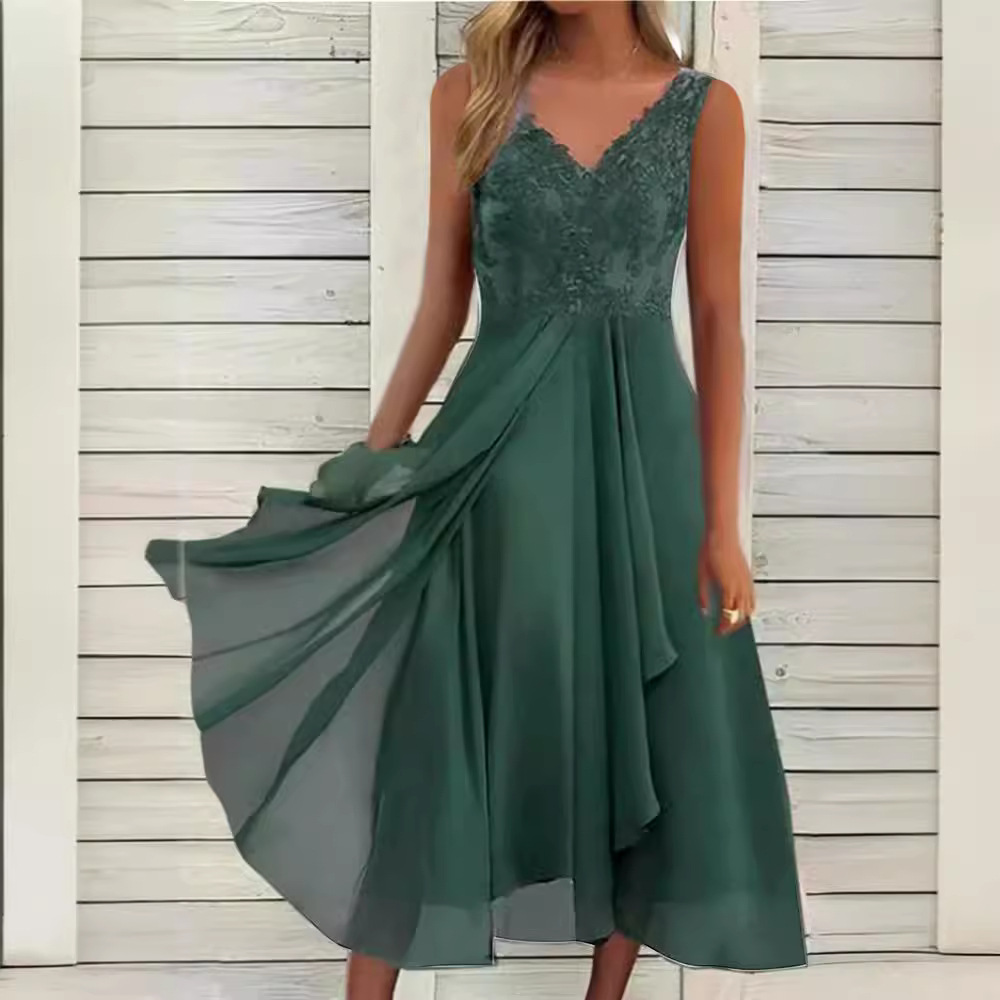 ヨーロッパの国境を越えたアマゾンのワンピースのシフォンはレースの透かし彫りの女性の長いスカートの花嫁のドレスの袖なしをつなぎ合わせます。