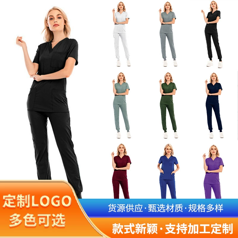 Новый спортивный досуг однотонный V-образный вырез с короткими рукавами и карманами одежда для медсестер медицинская одежда раздельная Рабочая форма костюм медсестры