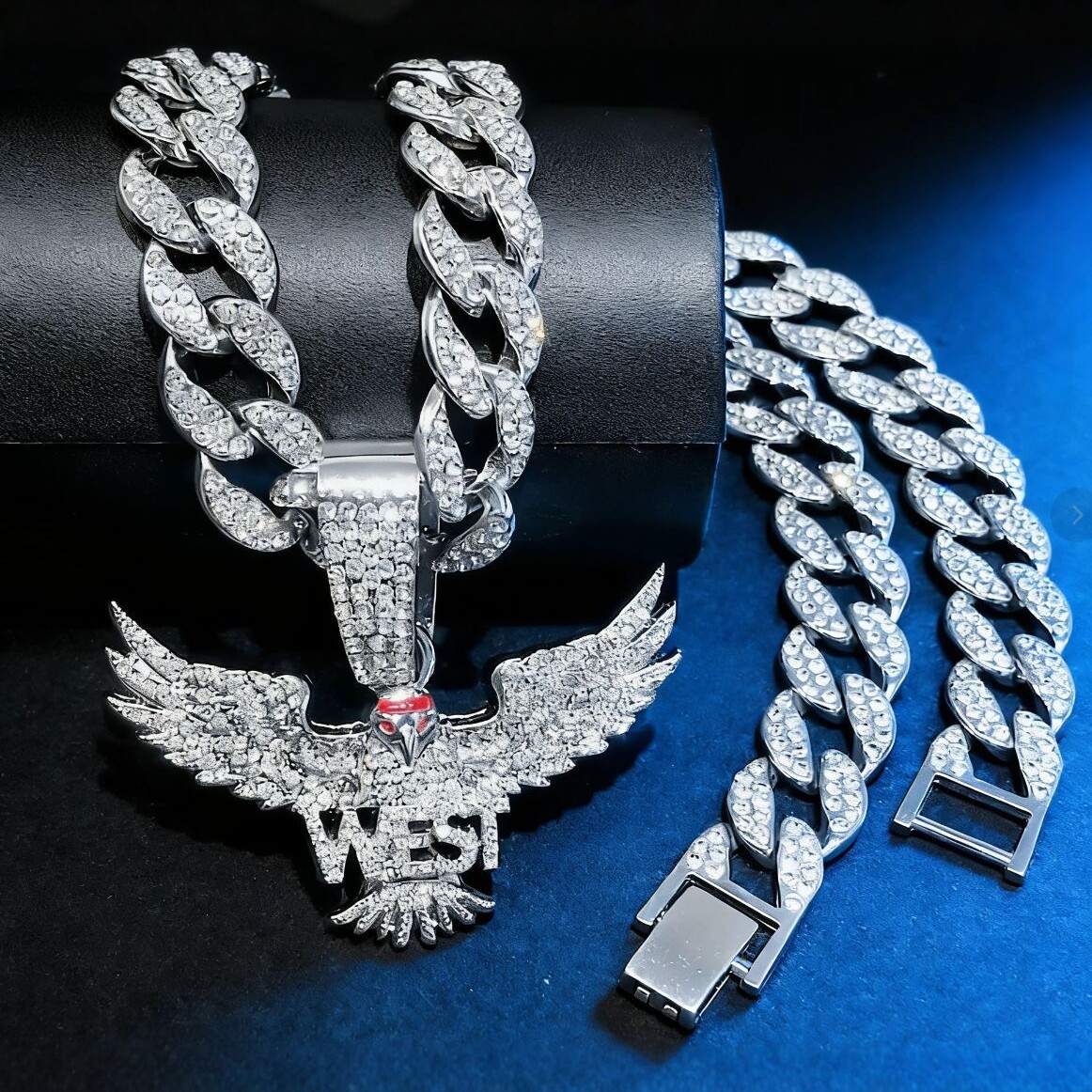 Águila de diamante completo WEST colgante de ala de ventana hip hop europeo y americano cadena gruesa cadena cubana conjunto de moda de calle para hombres y mujeres