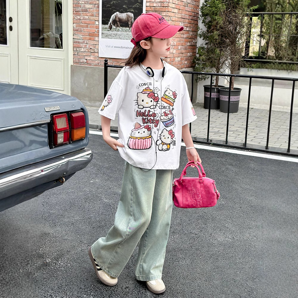 女童套装夏装2025新款儿童洋气短袖T恤女孩夏季薄款牛仔裤两件套
