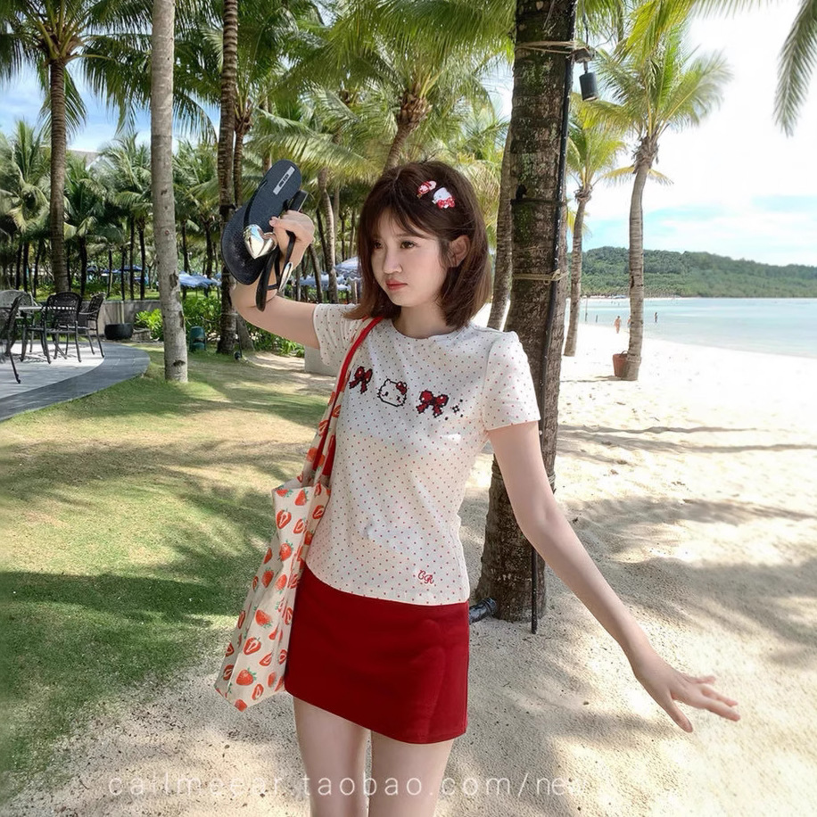8709#夏季新款甜美刺绣波点短袖T恤显瘦女日系kitty短款百搭上衣