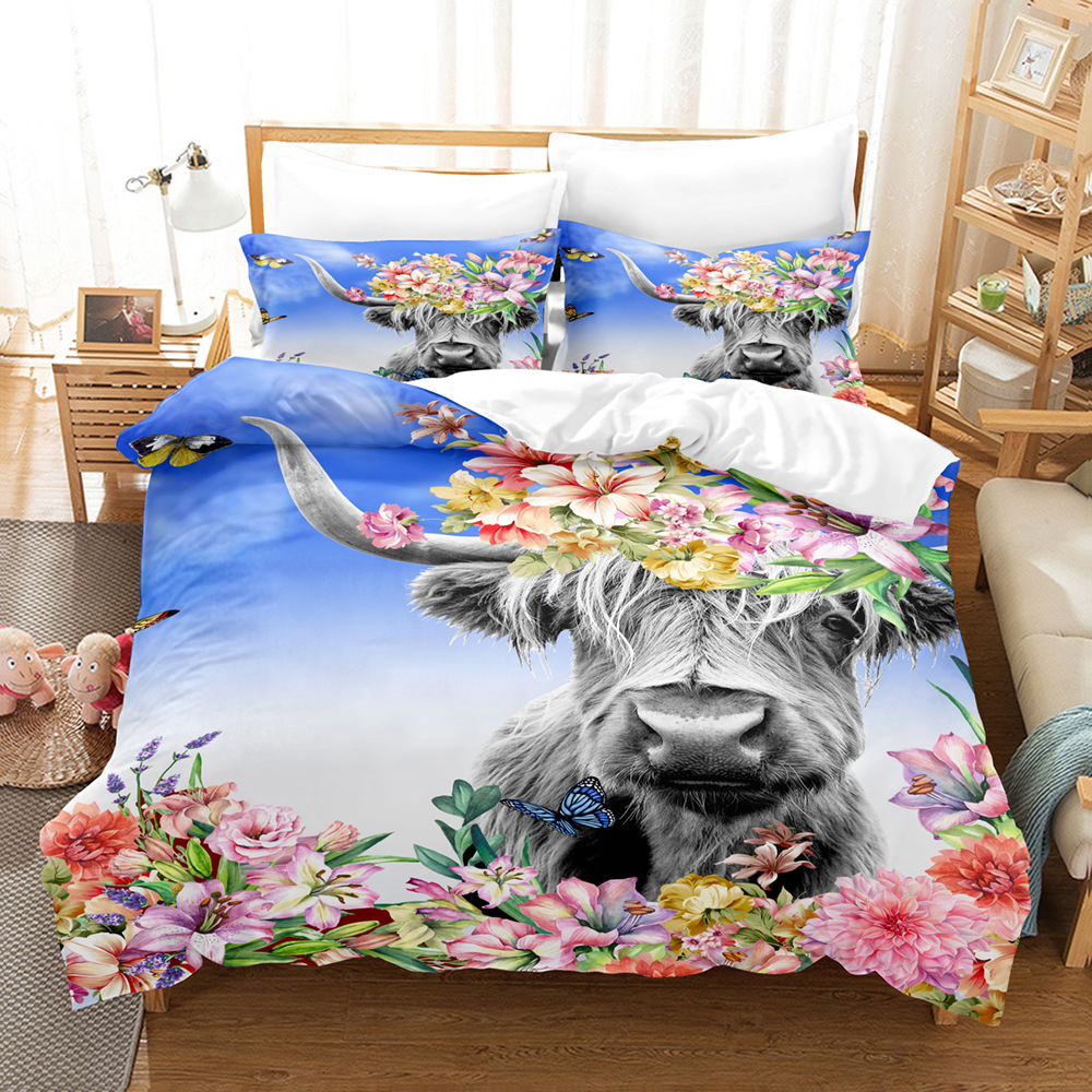 Serie de ganado 3D Impresión digital transfronteriza cubierta de edredón de comercio exterior conjunto de tres piezas conjunto de ropa de cama de cuatro piezas