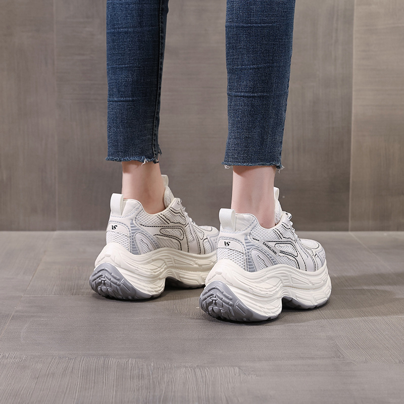 Giày sneaker chunky nữ đế dày lưới thoáng khí tăng chiều cao — Màu trắng