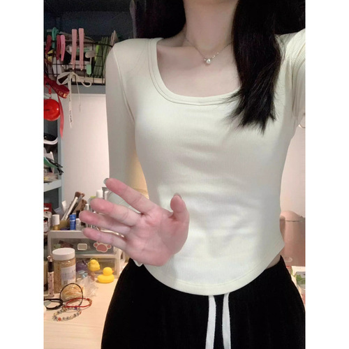 Designer Fleece Square Collar Long-Sleeve T-Shirt for Women - Spring, Autumn, Winter Layering Shirt - Uncommon Base Shirt for Trendy Girls - Slimming Top