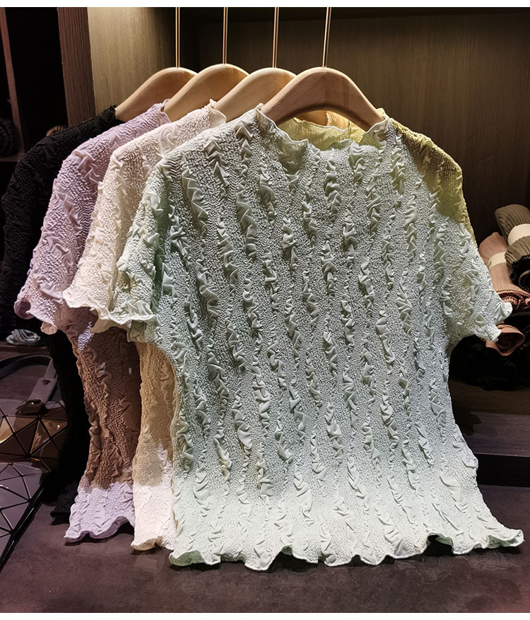 Áo thun nữ tay ngắn cổ tròn phối ren hoa nổi cao cấp — màu đen, Xanh lá cây nhạtcolor, màu tím nhạt, màu mơ chi tiết 9