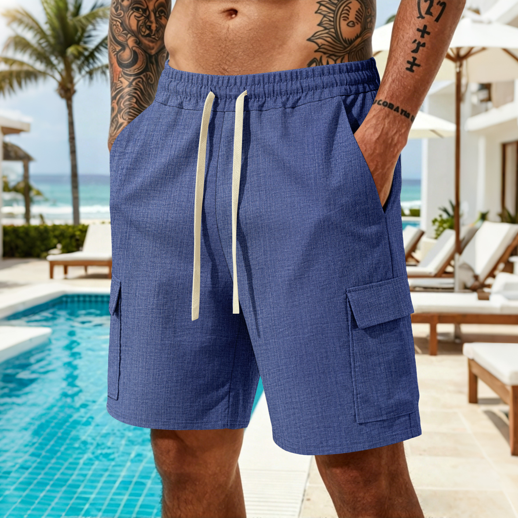 Men's Clothing Men's Retro Multi Pocket Cargo Shorts Casual Loose Fit Drawstring Sports Shorts For Formal & Casual_viptrois.com