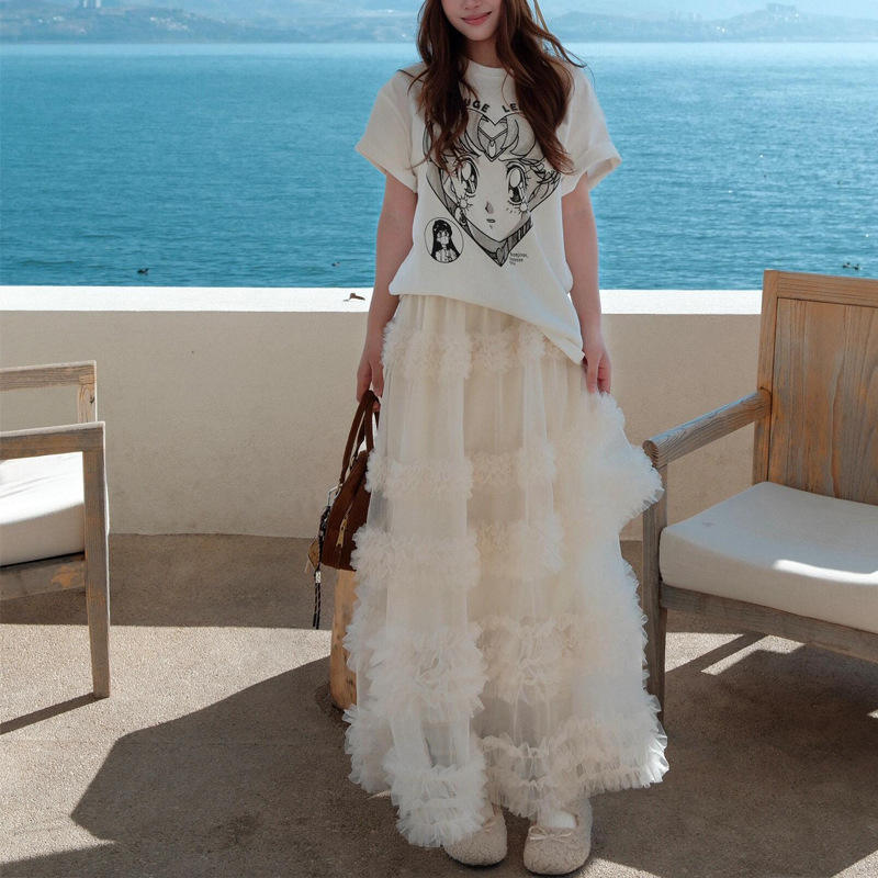 New Multi-Layered Heavy-Duty Cake Skirt, High-Waisted Versatile Tulle Solid Color A-Line Multi-Layered Long Skirt with a Large Hem