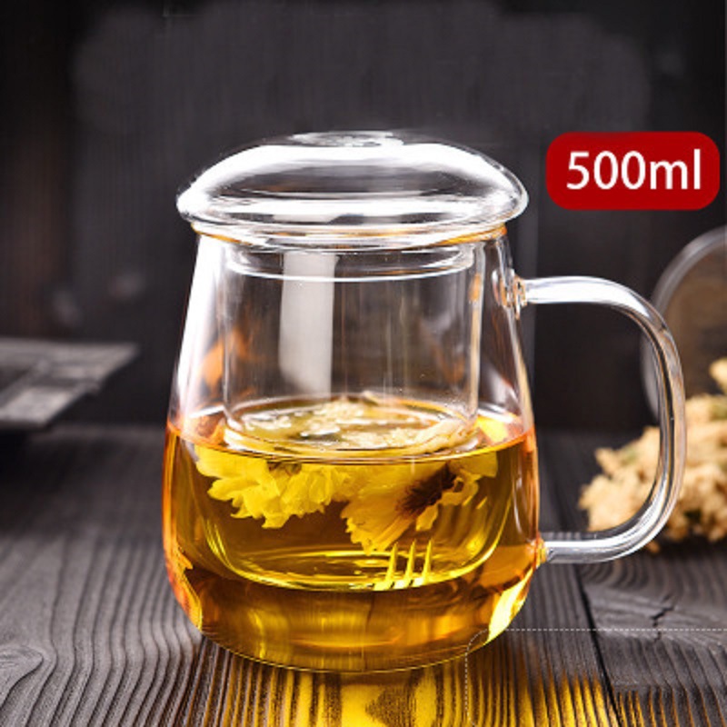 Vidrio taza de té de vidrio con mango flor taza de té redonda taza divertida taza de tres piezas taza de té taza de agua de oficina con tapa