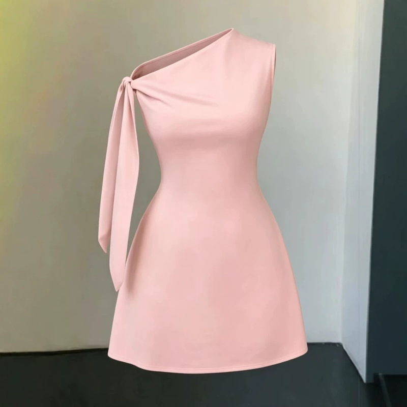 Cross-Border European and American Women's Elegant Solid Color One-Shoulder Sleeveless Tie Minimalist Short Slim-Fit Vintage Style Dress Cross-Border European and American Women's Elegant Solid Color One-Shoulder Sleeveless Tie Minimalist Short Slim-Fit Vintage Style Dress
