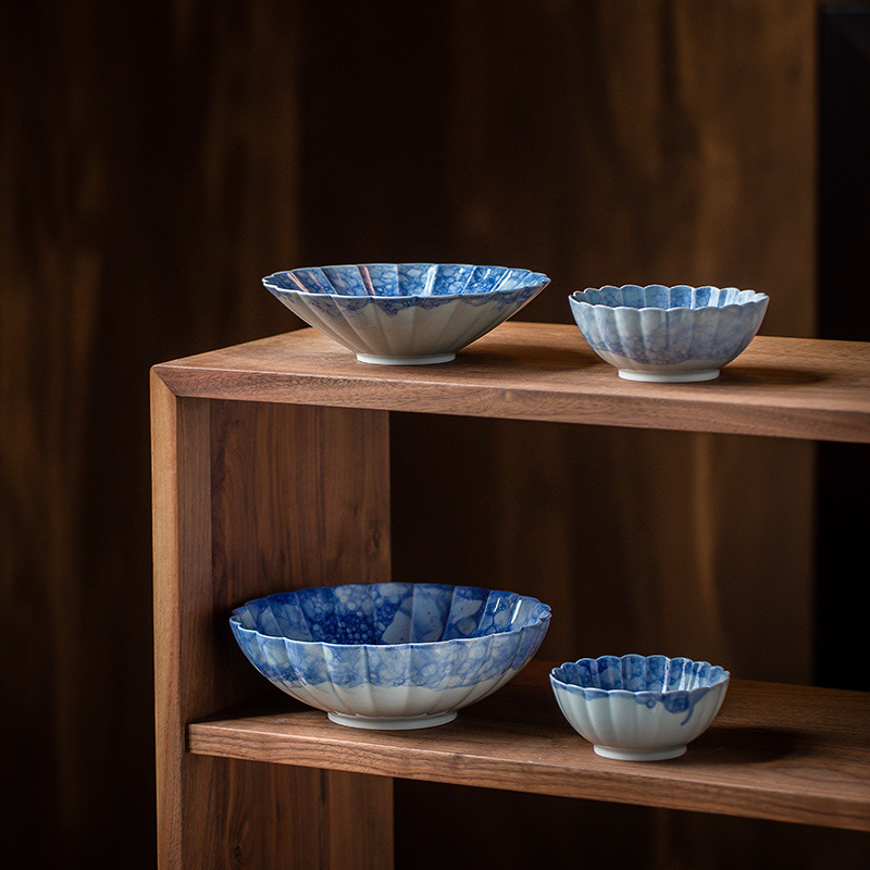 Shimeiji Gold Enamel 2026 New Model Jingdezhen Blue and White Bubble Glazed Ceramic Rice Bowl for Home Use 5inch Chrysanthemum Rice Bowl