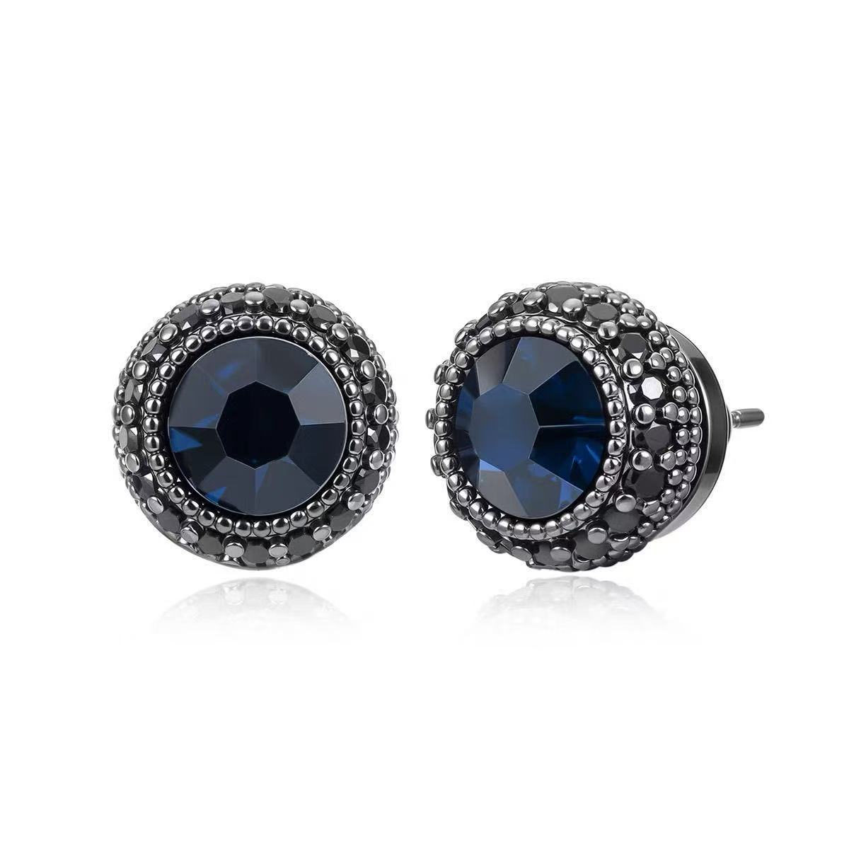 Maswei's Same Style Retro Full Diamond Ink Blue Men's Earrings Couple Earrings as a Birthday Gift for Boyfriend