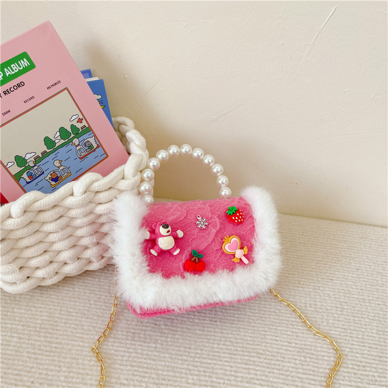 Bolso de princesa de las niñas al por mayor estilo coreano perla bolso peludo estilo Chanel hombro mensajero bolsa accesorios monedero