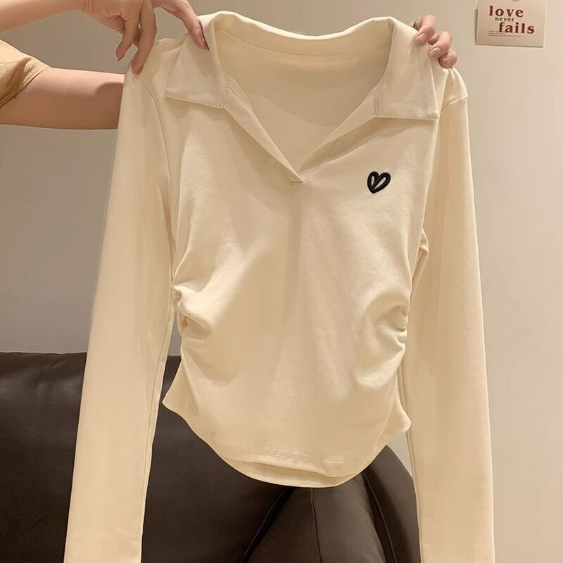 Plus Size Right Shoulder Polo Collar Long-Sleeved T-Shirt for Women, Spring & Fall Pleated Waist Slimming Look Short Bottoming Shirt Top Plus Size Right Shoulder Polo Collar Long-Sleeved T-Shirt for Women, Spring & Fall Pleated Waist Slimming Look Short Bottoming Shirt Top
