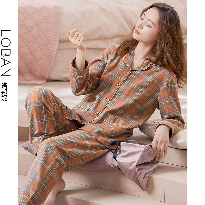 100% pijamas de algodón de primavera y otoño de las mujeres de manga larga cardigan conjunto de dos piezas se puede usar fuera de casa traje de desgaste