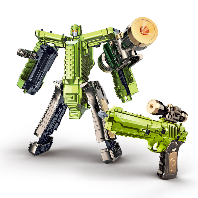 Green transforming assault pistol robot (two forms/sound and light/cannonball ejection)