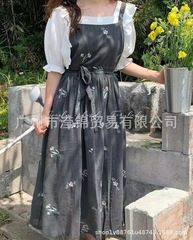 ins韓版棉麻繡花圍裙連衣裙烘焙花店美術美甲奶茶罩衣圍兜印LOGO