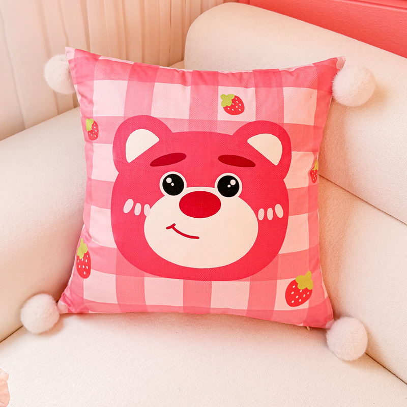 Happy Strawberry Bear Almohada de dopamina Funda de almohada Sofá de sala de estar Almohada de cintura abstracta con estampado de cabecera Bola de pelo