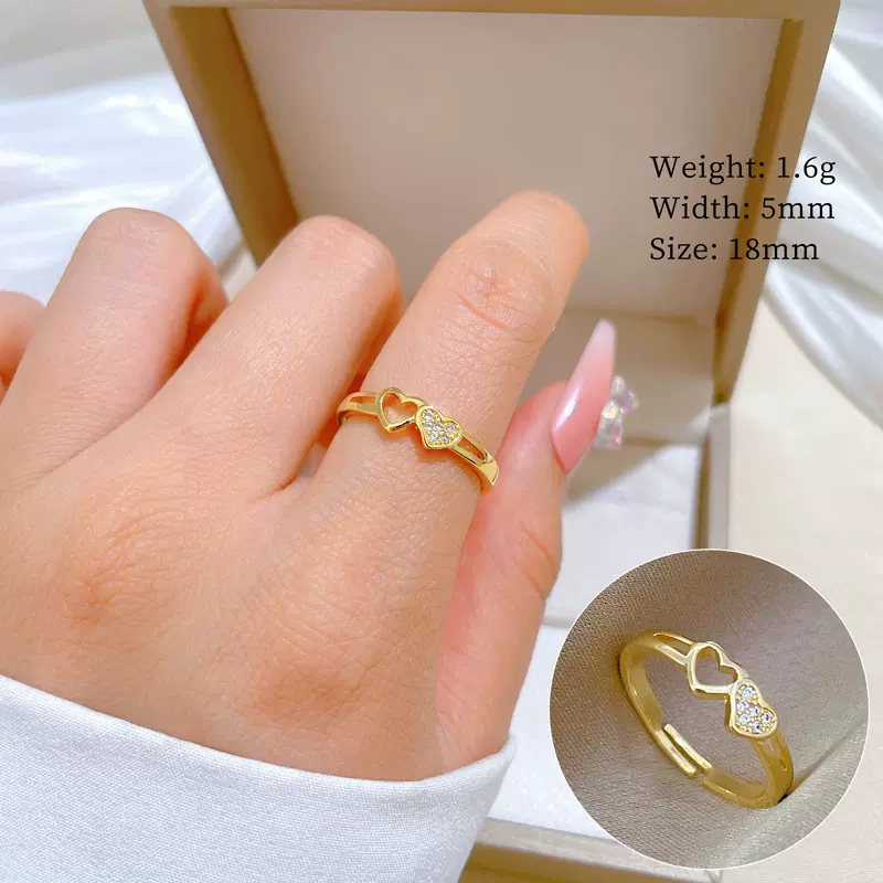 【真金】爱心缕空小巧戒指开口可调节款简约手饰日系指环情侣对戒