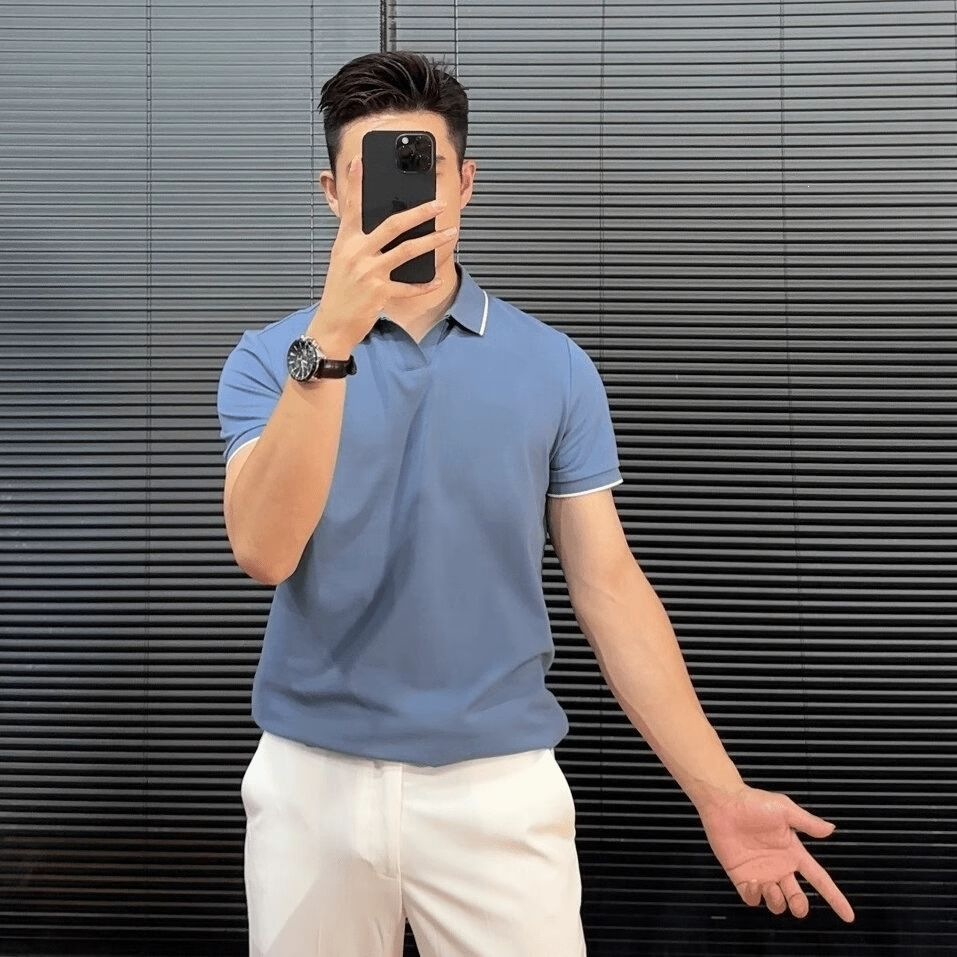 Áo polo nam phối màu cổ V tay ngắn mùa hè form slimfit — màu đen, Sương mù xanh, màu trắng chi tiết 3
