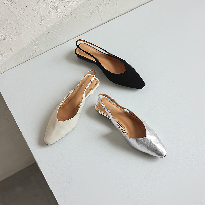 Sandal nữ da bò mũi trùm quai chữ V đế bệt phong cách Hàn Quốc — đen chi tiết 21