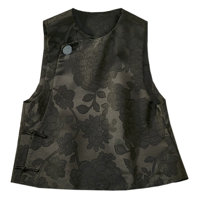 Женский короткий жилет Ruyi Lianyun, весна-осень 2025, новый стиль, китайский жаккард, ретро, ​​с нефритовой пряжкой, повседневный универсальный жилет