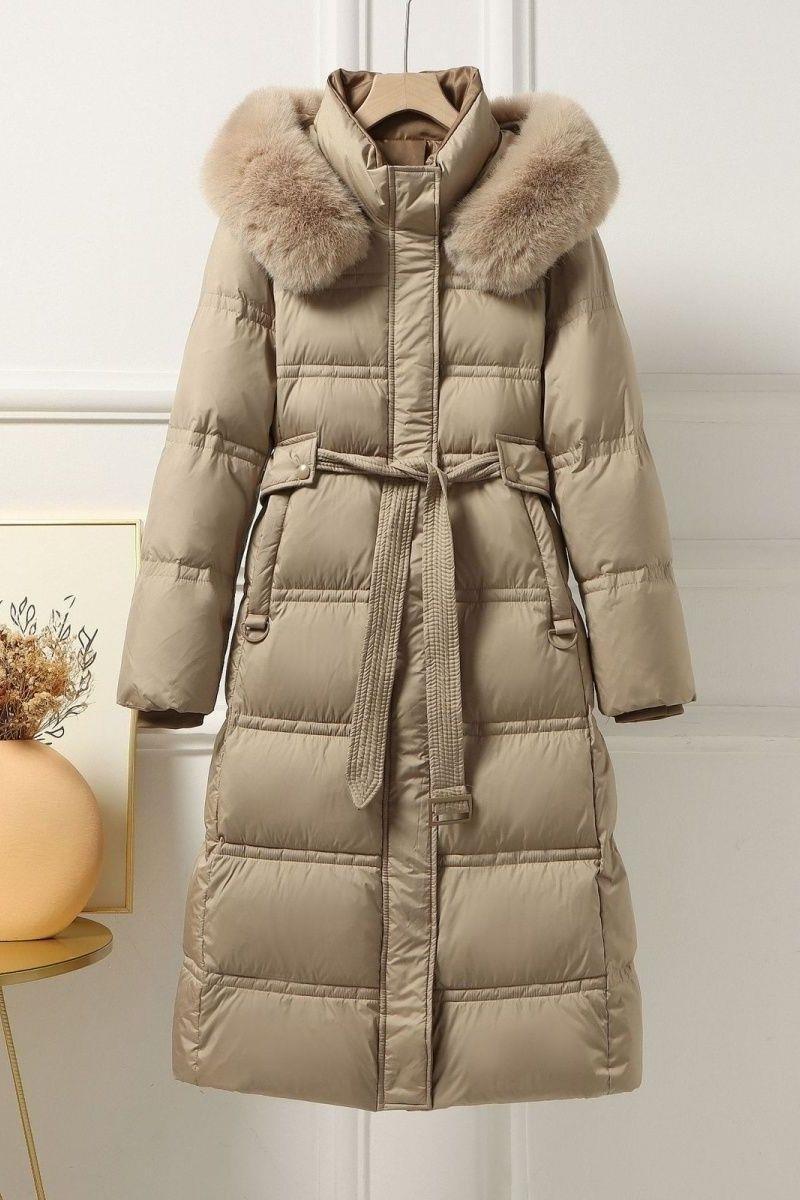 2025 New White Duck down Thickened Slim-Fit Korean Style Versatile Long down Jacket with Large Fur Collar for Women, Spandex Thickened