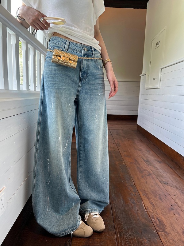 Ouyang シミター ジーンズ レディース 夏 薄手 ルーズ ワイドレッグ パンツ レトロ ストレート パンツ フロアモップ パンツ|undefined