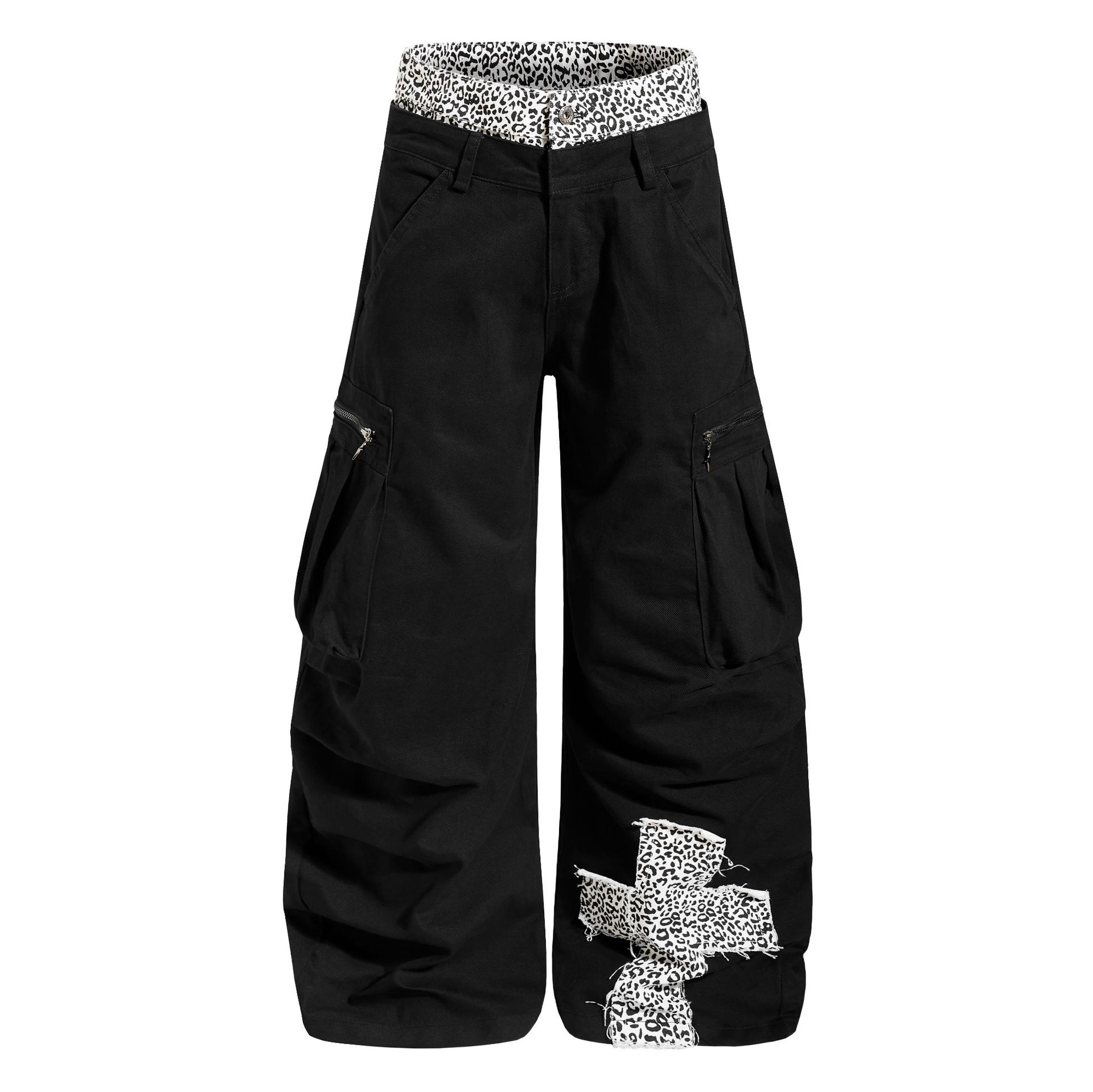 OREETA, pantalones de trabajo de doble cintura de estampado de leopardo americano para hombres y mujeres, pantalones de hip-hop callejero sueltos de piernas anchas