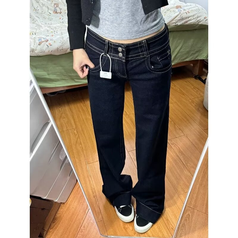 American retro double-waistband non-tight-fitting flared jeans for women, summer style, niche, slimming, versatile low-waist straight pants American retro double-waistband non-tight-fitting flared jeans for women, summer style, niche, slimming, versatile low-waist straight pants