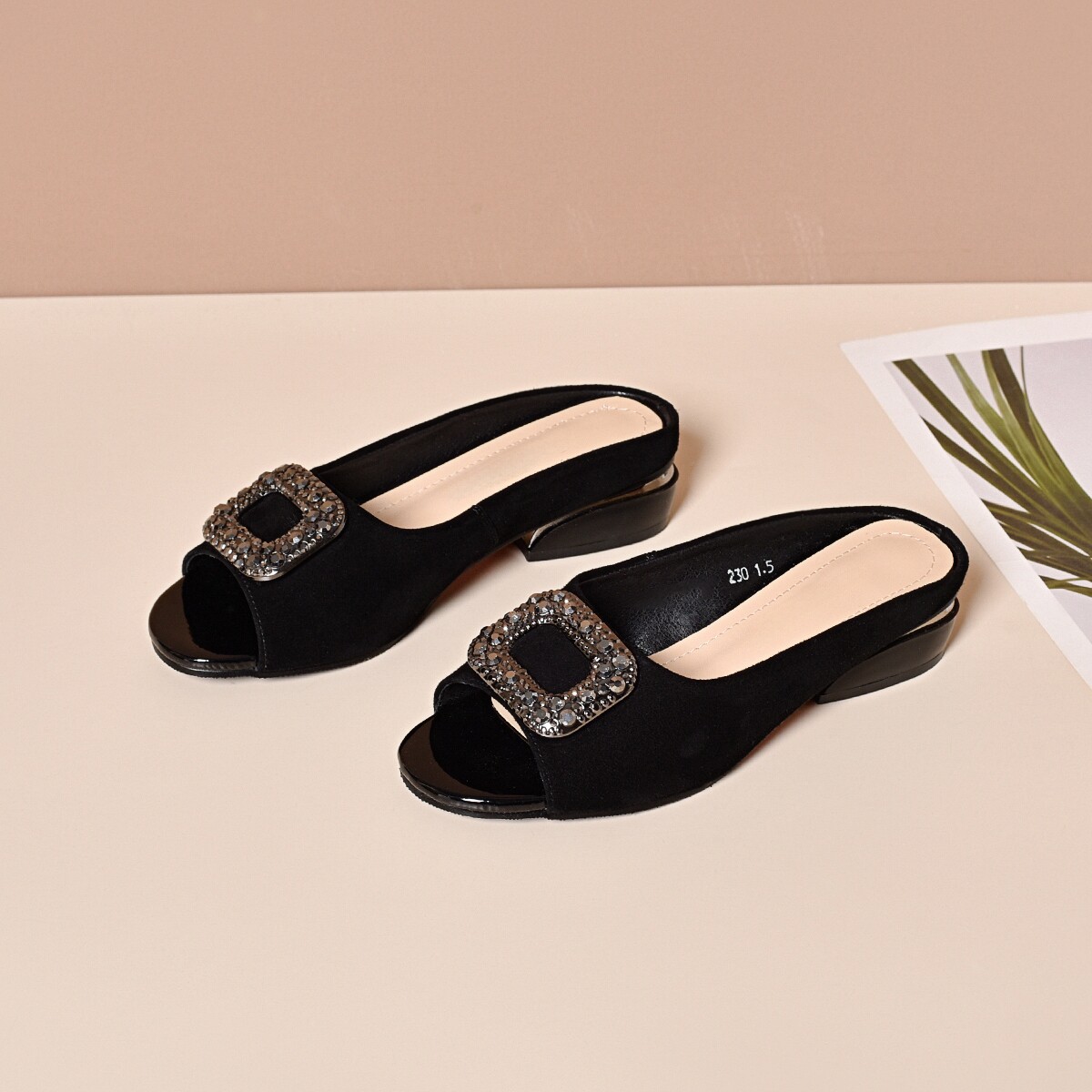 Sandal nữ da thật mũi cá gót vuông thấp đính đá rhinestone — màu đen chi tiết 8