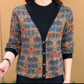 中老年女装秋季设计感圆领假两件百搭宽松显瘦洋气妈妈装长袖上衣