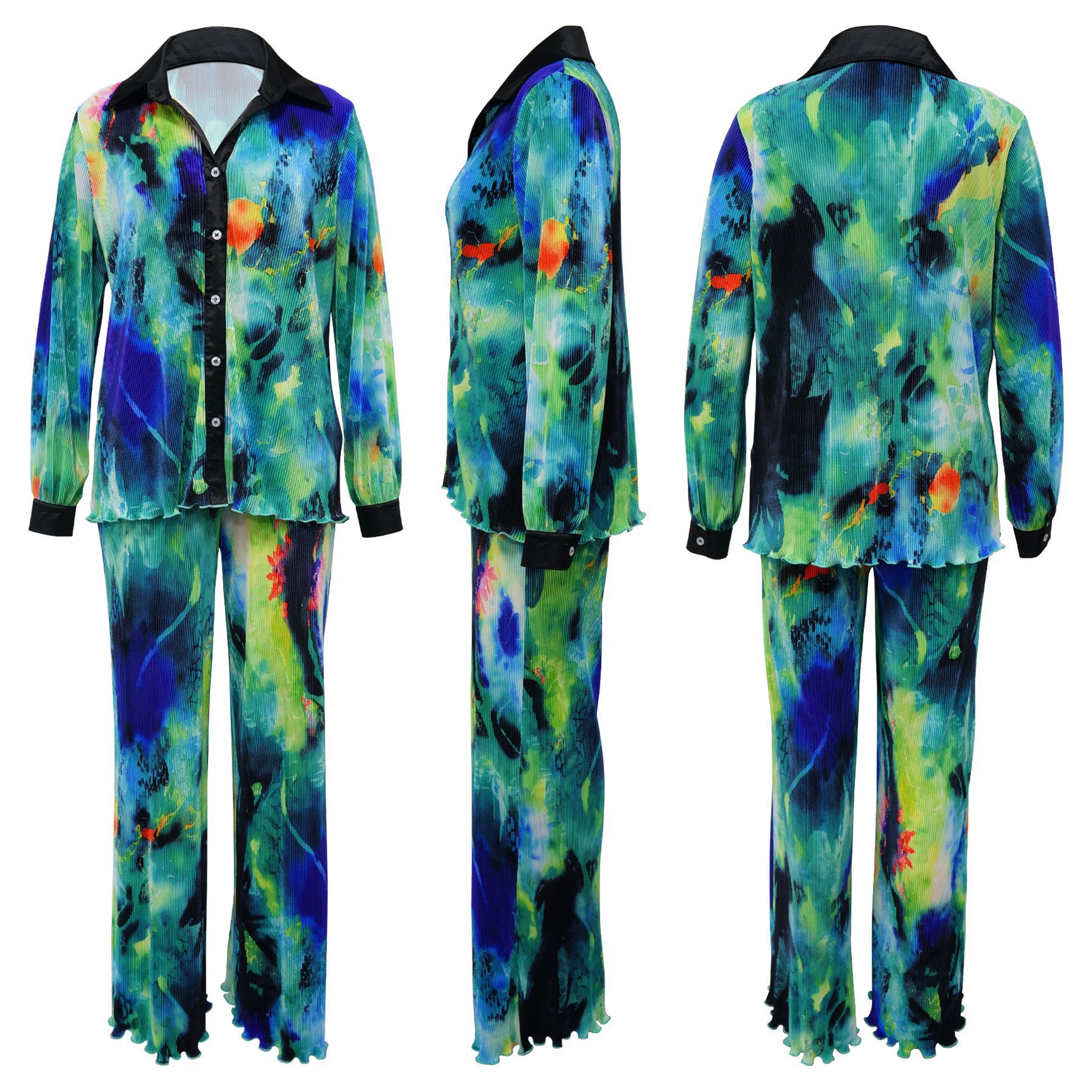 Women's Clothing fashion women's clothing autumn long sleeved wide leg pants printed pleated suit_voghion.com