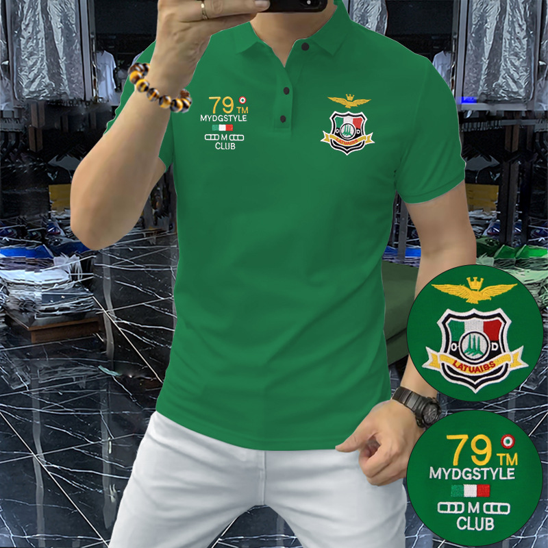 Polo corta da uomo con ricamo Heavy Industry, mezza manica, versatile e confortevole, in cotone di seta ghiacciata._voghion.com