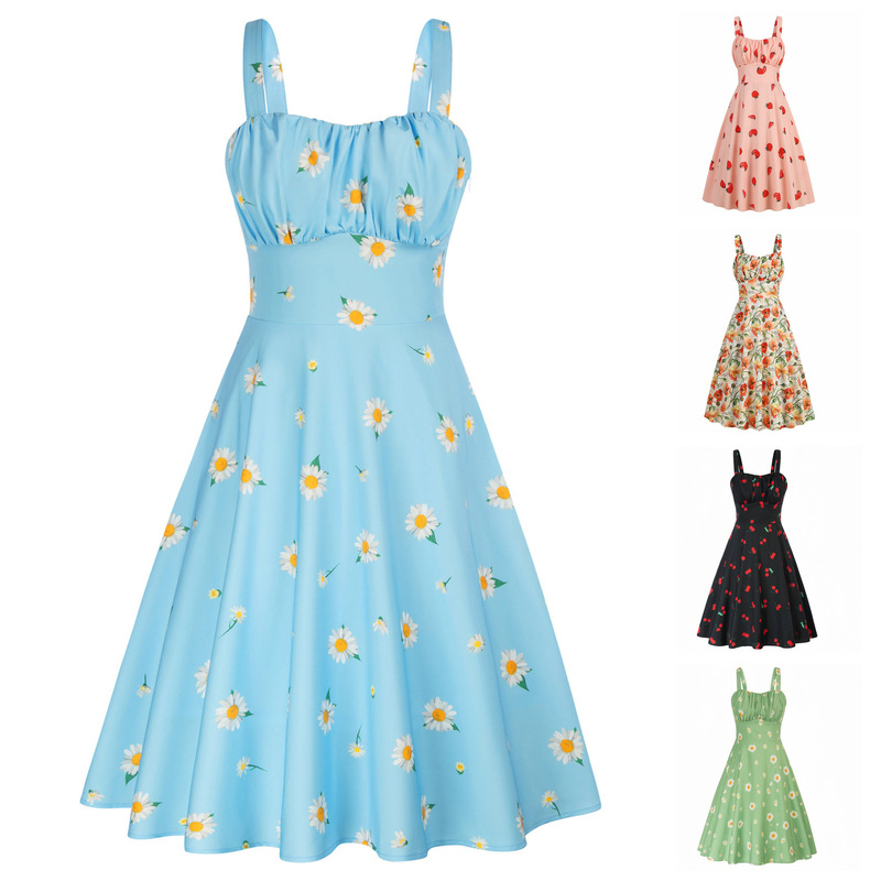 2024 Summer New Sling Dress European and American Cute Printed Women's Slim-fit Sling Dress Stage Performance Dress