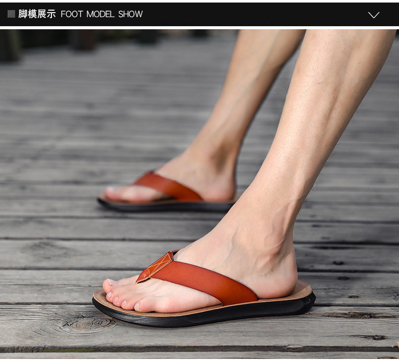Dép lê nam quai ngang xỏ ngón chống trơn trượt, dép da đi biển cỡ lớn — Kaki, Màu trắng, Màu xanh lam, Nâu vàng chi tiết 7