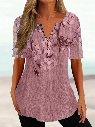 【Cross-border European and American Women's Fashion Amazon  Summer Loose V-neck Short-sleeve Pleated Button-down Shirt】