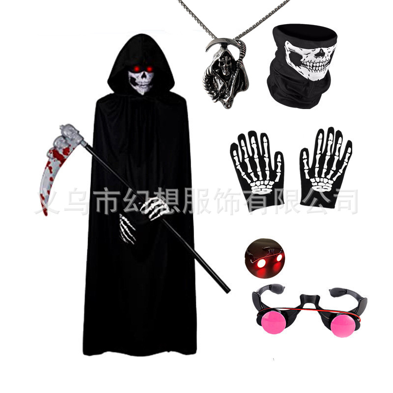 Red Eyes Grim Reaper Halloween Costume for Kids Hooded Cloak Skeleton Mask Detachable Scythe Scary Party Role